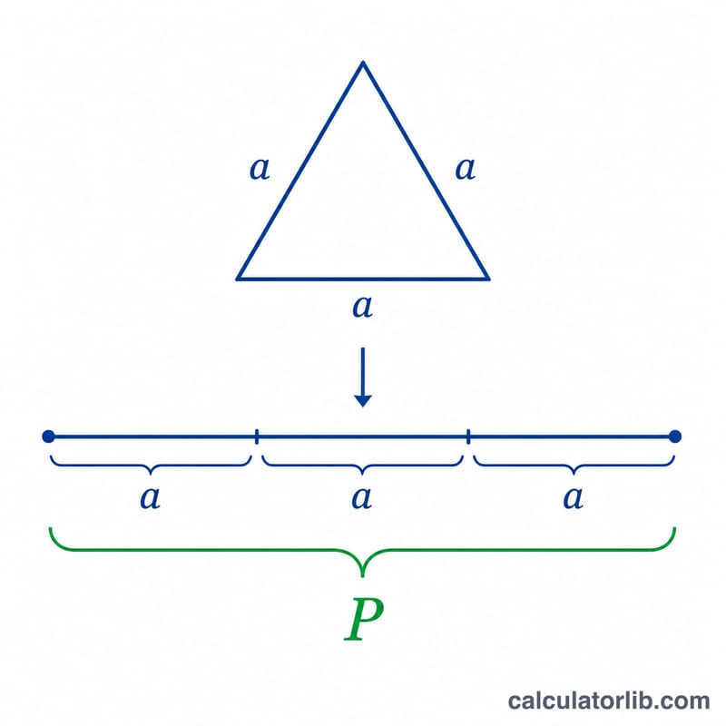 Three equal triangle sides laid end to end forming perimeter P equals three a