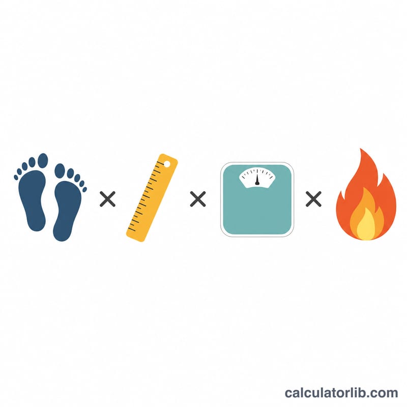 Icons for steps, stride, weight multiplied to give calories burned