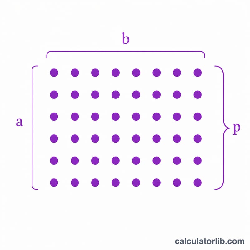 Grid of dots arranged in rows and columns showing a times b equals total dots