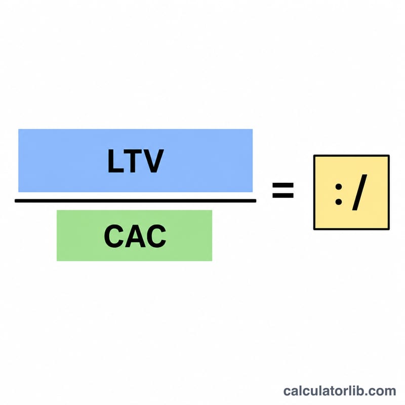 Fraction diagram dividing LTV by CAC to produce the ratio