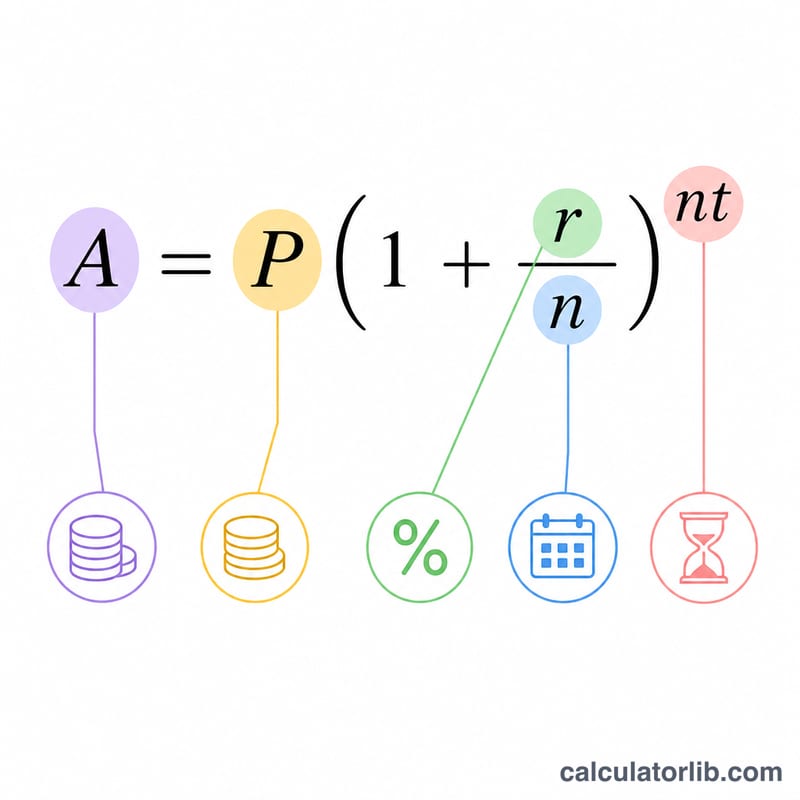 Diagram labeling the parts of the compound interest formula