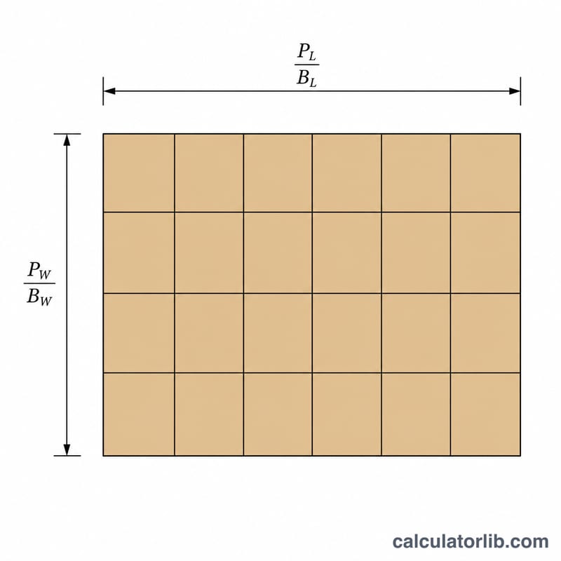 Top-down view of pallet showing how many boxes fit per row and per column in one layer