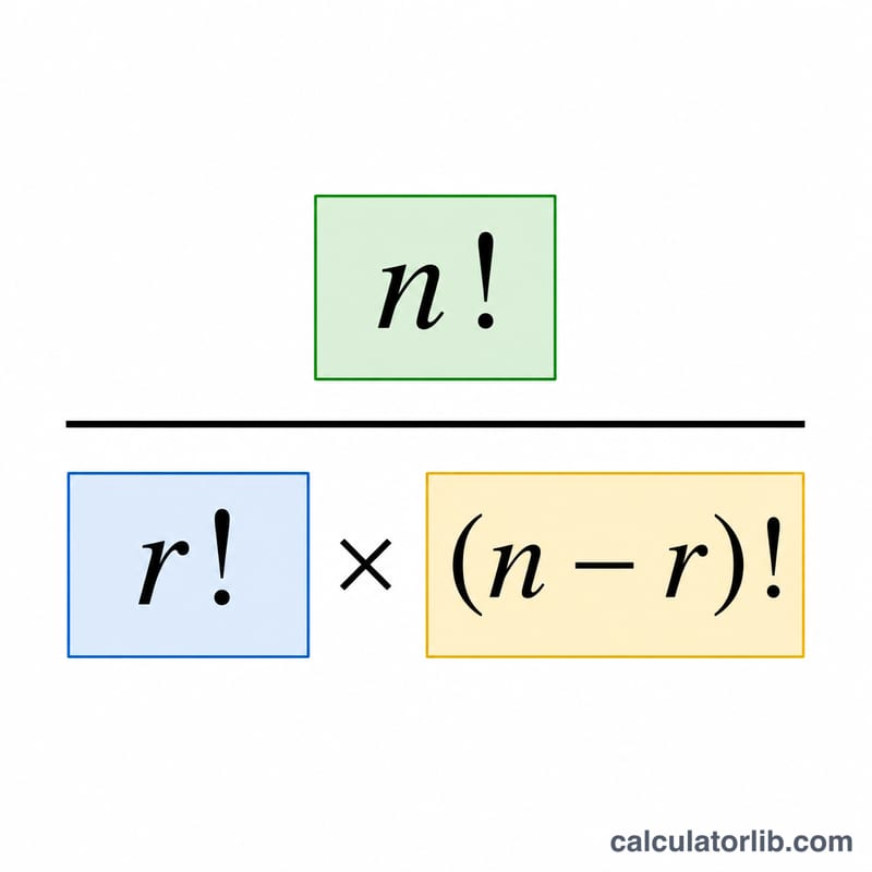 Desglose visual de la fórmula nCr como una fracción de factoriales