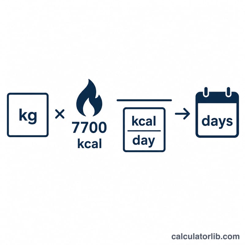 Diagram of kg times 7700 divided by daily deficit equals days
