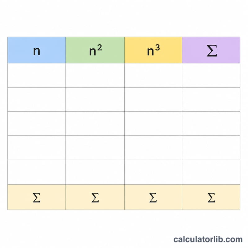 Flat table layout with columns for n, n squared, n cubed and running totals