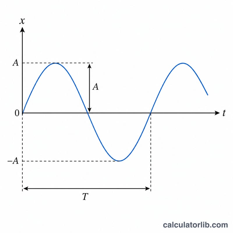 Sine wave of displacement versus time showing period T and amplitude A