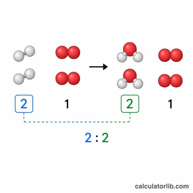 Balanced equation with molecule icons and coefficients linking a reactant to a product