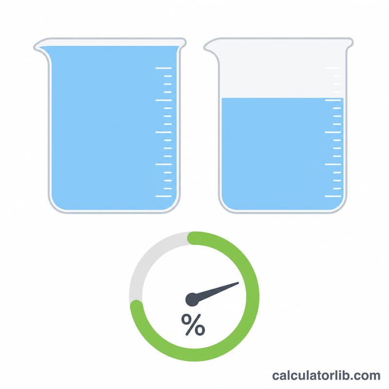 Two beakers comparing theoretical maximum yield to smaller actual yield with a percentage gauge