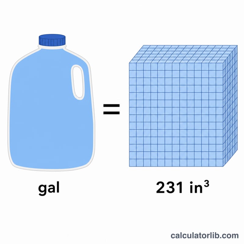 One gallon shown equal to 231 cubic inches