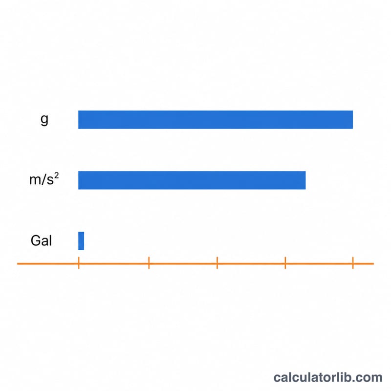 Bar comparison of acceleration unit magnitudes for g, meters per second squared, and Gal