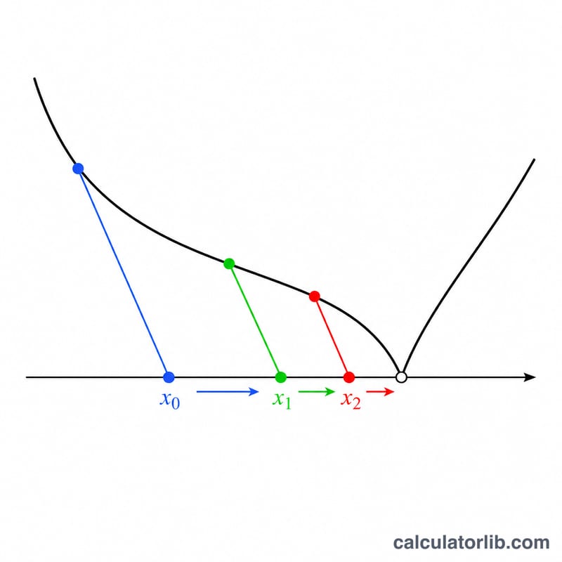 Sequence of iterations stepping along a curve converging toward a root