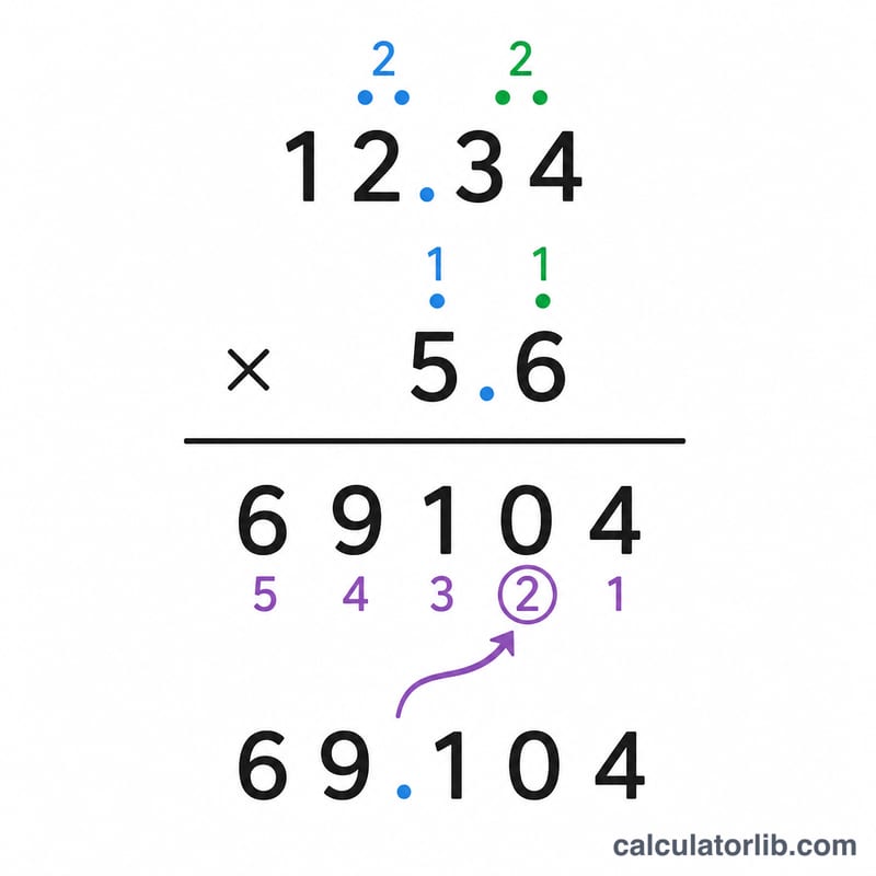 Step-by-step worked example of multiplying two decimal numbers and placing the decimal point