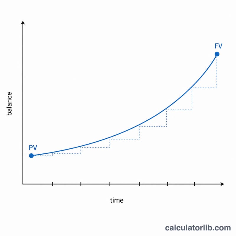 Exponential growth curve of a savings balance from initial deposit to final balance