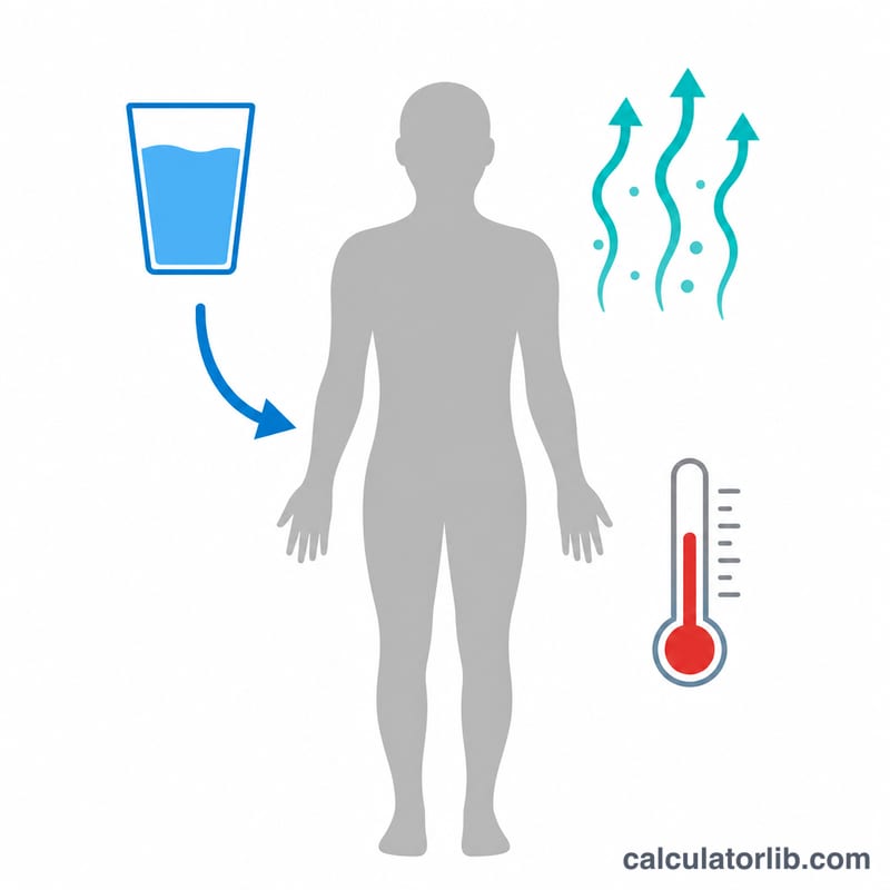 Human body silhouette with arrows showing water intake as a glass and water loss as sweat and breath vapor