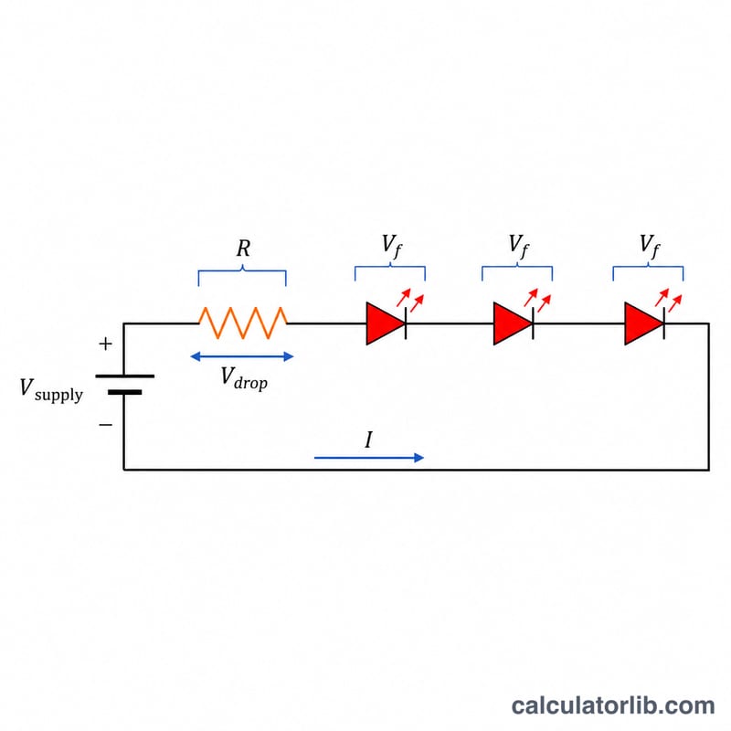 Annotated single LED string showing supply voltage, forward voltage drops across each LED, and the resistor voltage drop