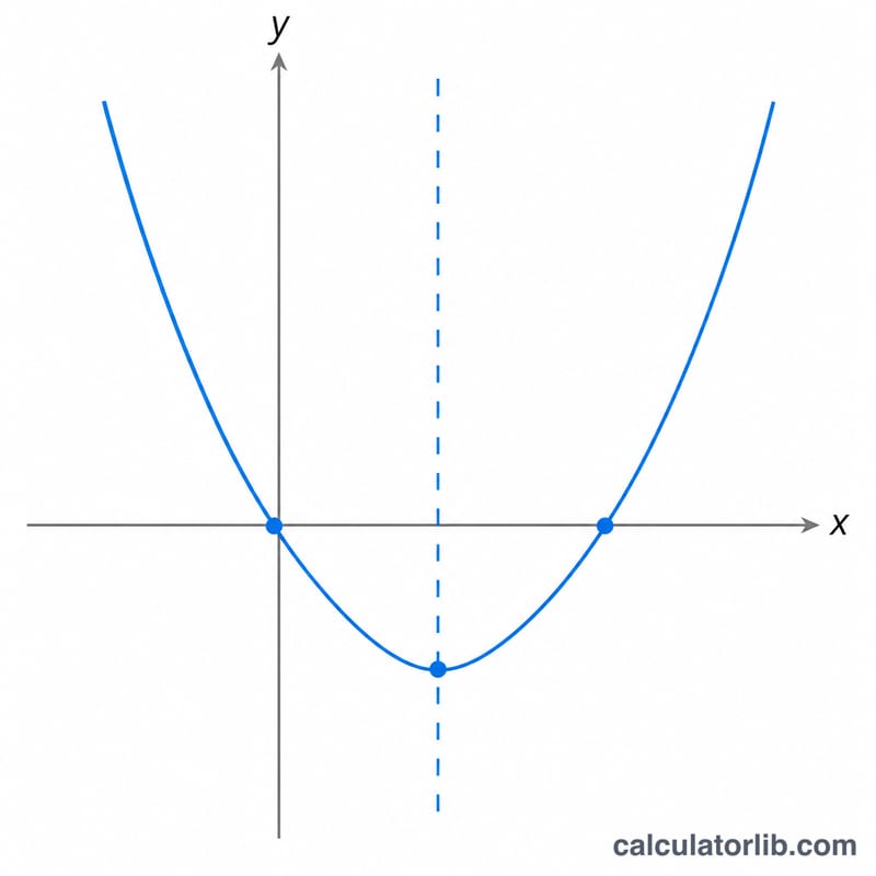 Upward parabola on coordinate axes with vertex, axis of symmetry, and two x-intercept roots marked