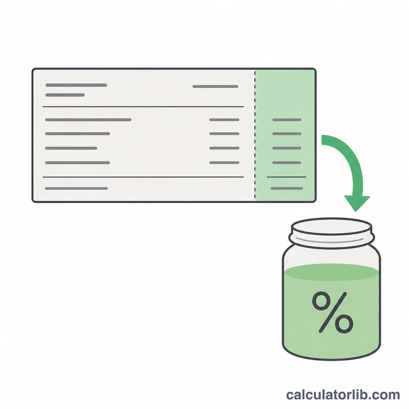 Flat illustration of a paycheck stub with a slice diverted into a labeled tax jar.