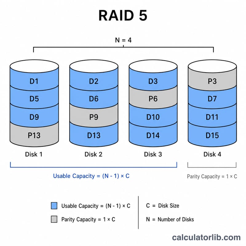 RAID 5 array of four disks with distributed parity, three usable and one for parity