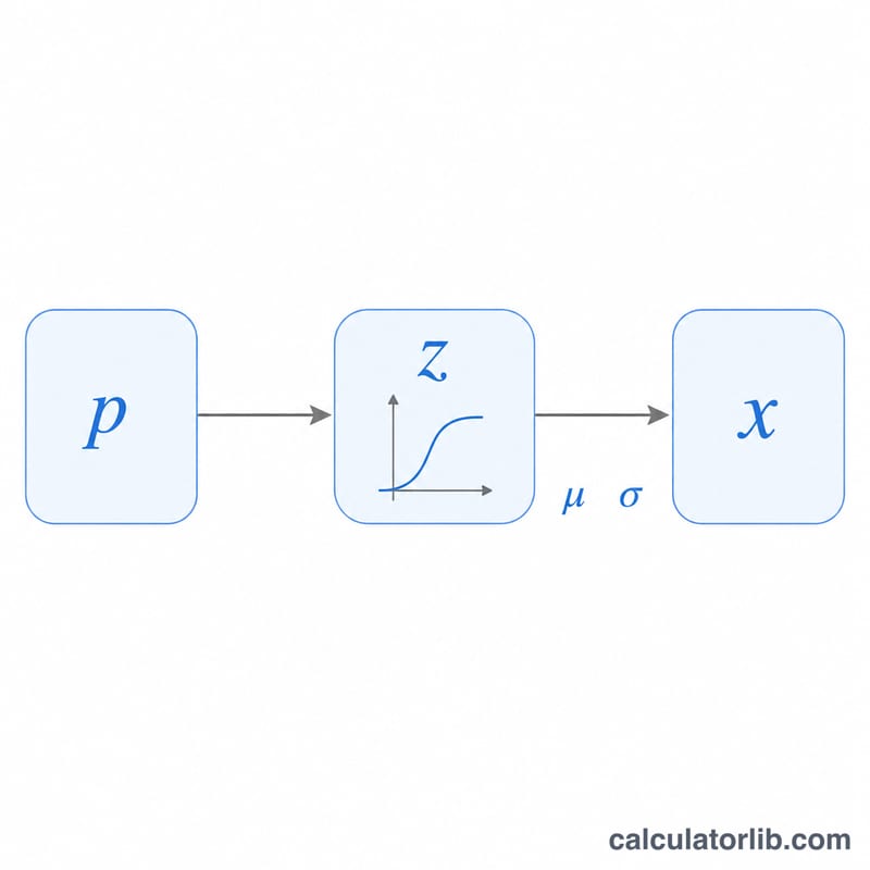 Diagram mapping a probability input through the inverse cumulative function to a z-score then scaling by sigma and shifting by mu to get x
