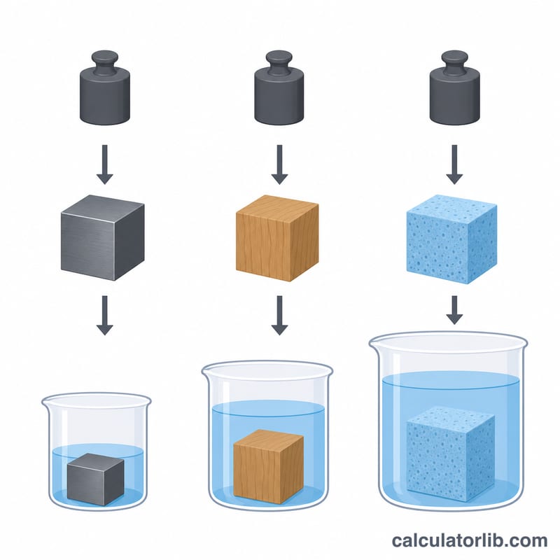 Three equal weights producing different volumes depending on material density