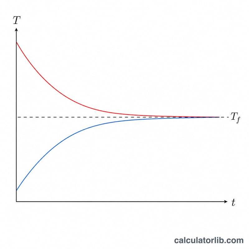 Temperature versus time curves for two substances converging at equilibrium