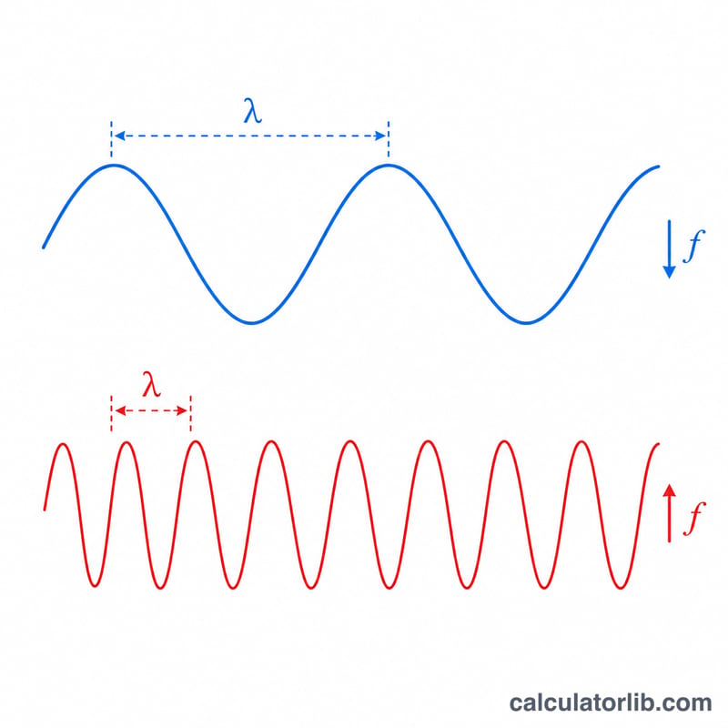 Two sine waves: long-wavelength low-frequency above, short-wavelength high-frequency below