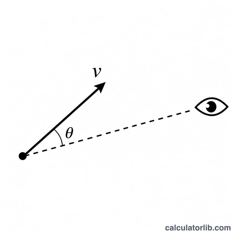 Geometría del vector de velocidad de la fuente y el ángulo theta respecto a la línea de visión hacia el observador