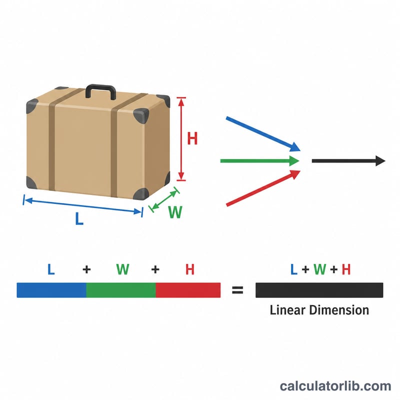 Diagram showing length plus width plus height combined into a single linear measurement