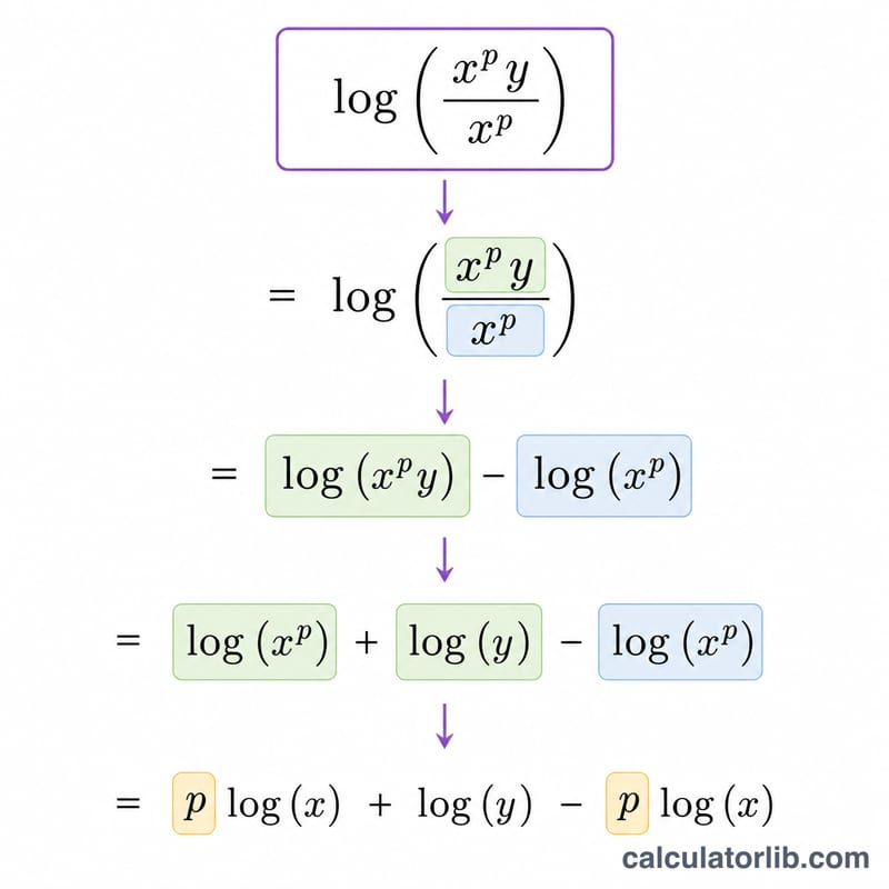 Step-by-step breakdown of a compound logarithm into a sum and difference of simpler logs