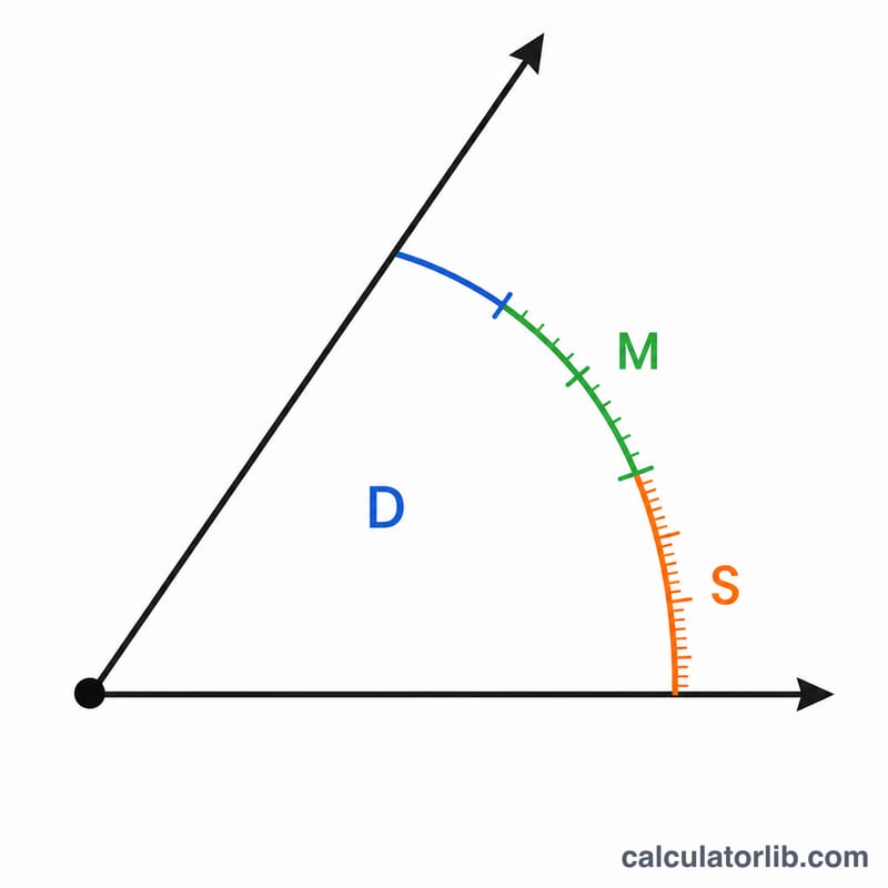 Angle arc subdivided into degrees, minutes and seconds