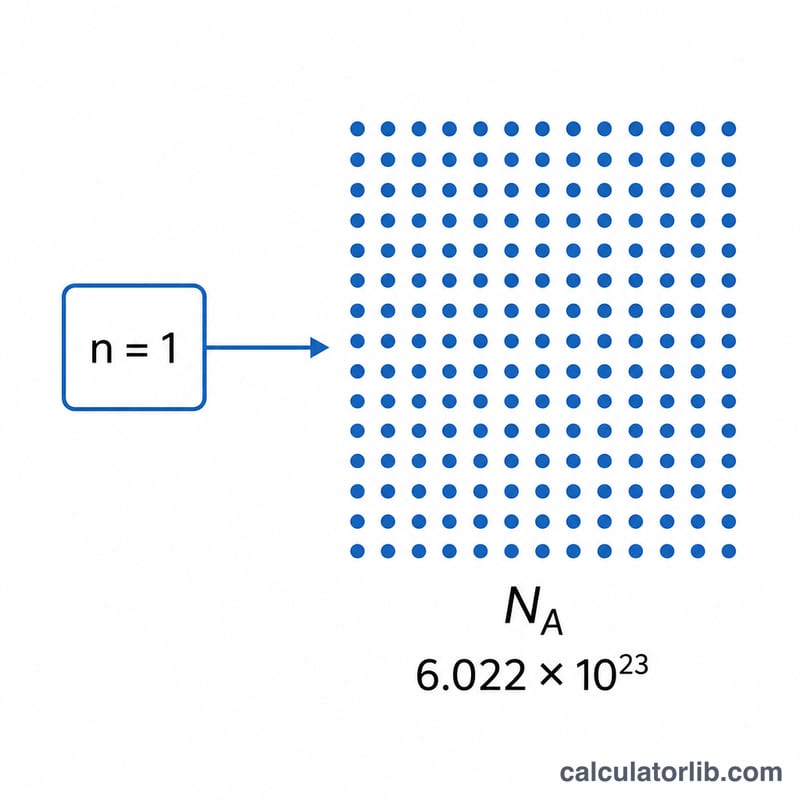 One mole equals 6.022 times 10 to the 23 particles shown as a grid of dots