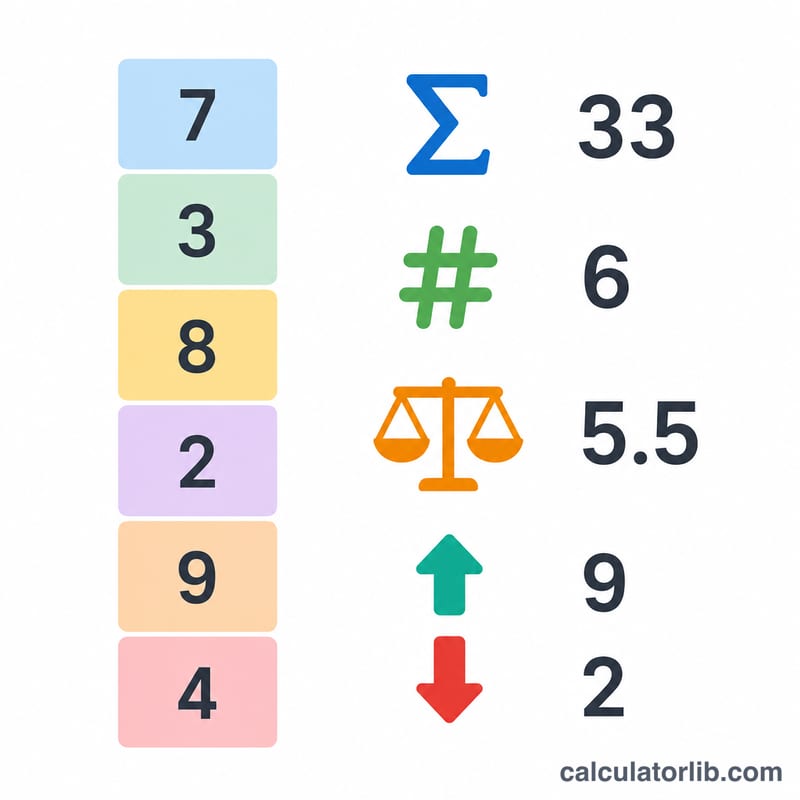 A list of numbers with icons for sum, count, mean, minimum and maximum