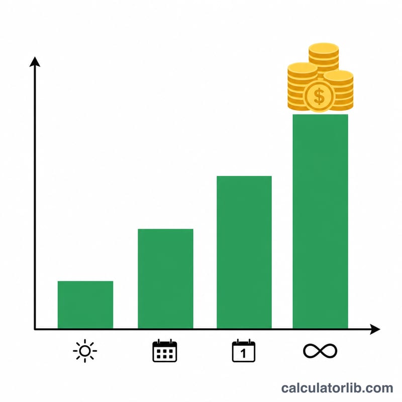 Ascending bar chart showing increasing money saved over day, month, year and multiple years