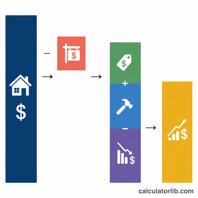 Waterfall diagram from sale price minus selling costs minus adjusted basis equals taxable gain