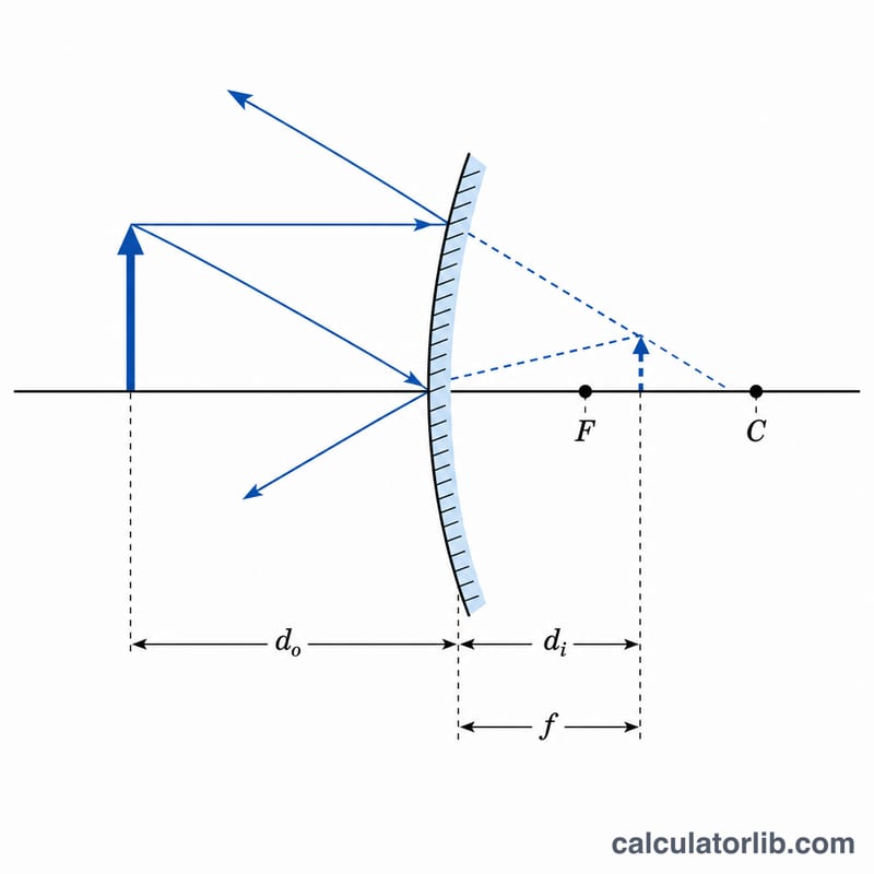 Convex mirror ray diagram showing virtual upright image behind the mirror