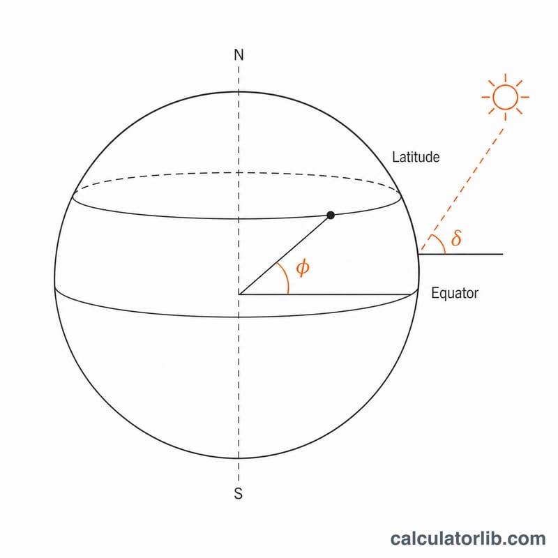 Globe showing observer latitude phi and solar declination delta