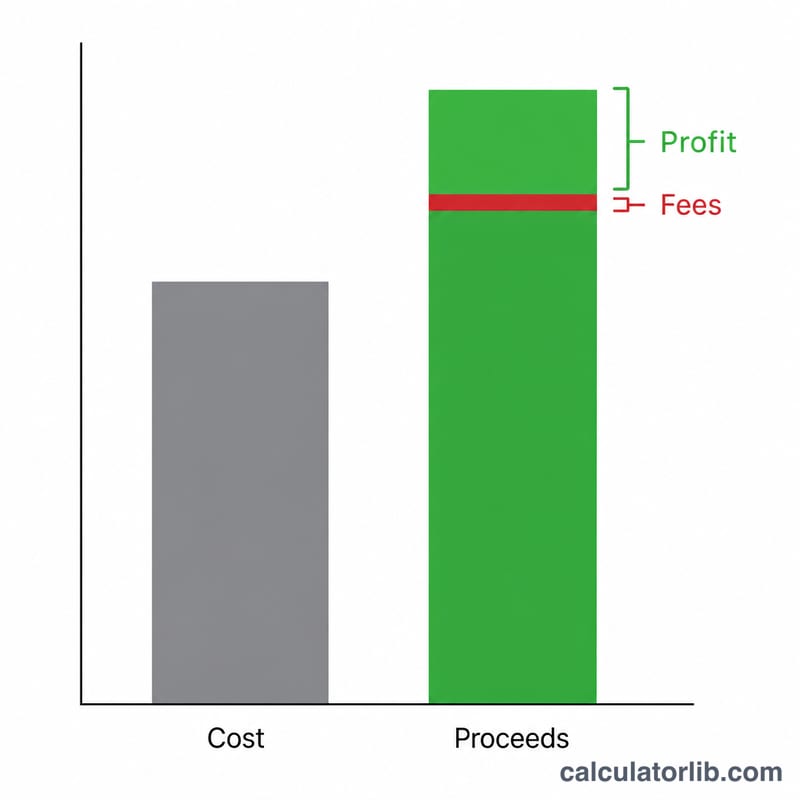 Bar chart comparing total cost of buying shares versus total proceeds from selling, with profit highlighted