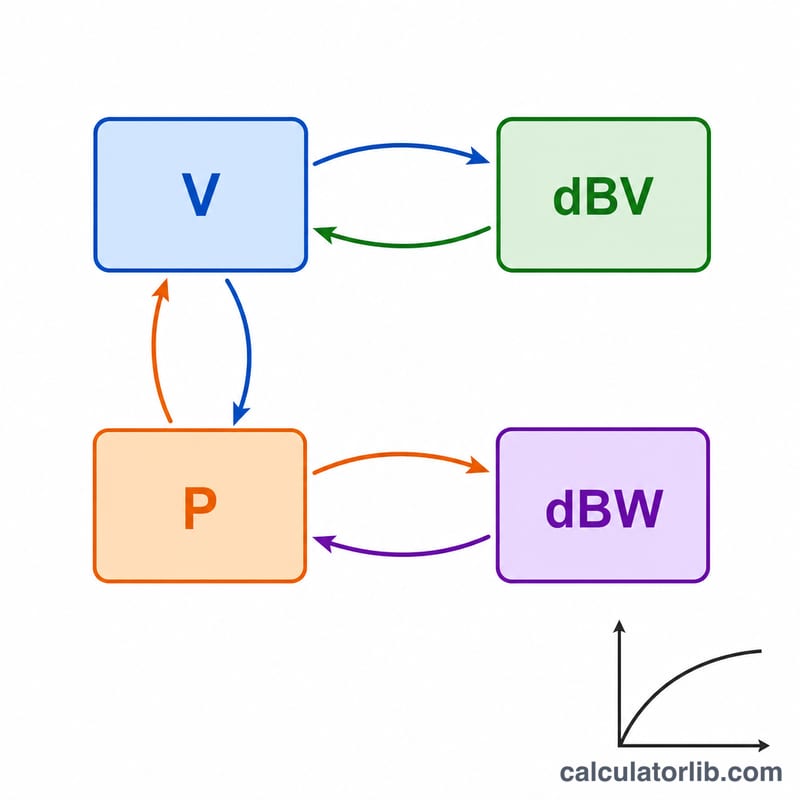 Gráfico de conversión logarítmica que relaciona voltaje, potencia, dBV y dBW