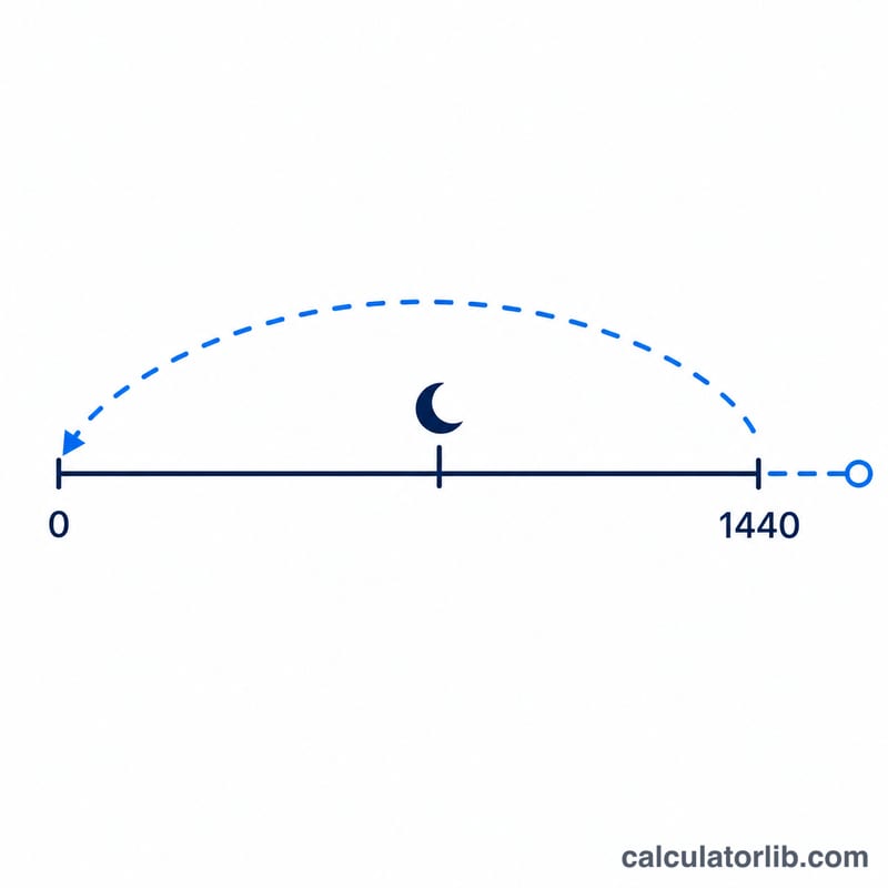 Number line of minutes from 0 to 1440 showing wrap-around past midnight