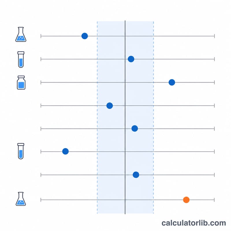 Multiple labs compared against a shared peer-group target with dots scattered around a center line