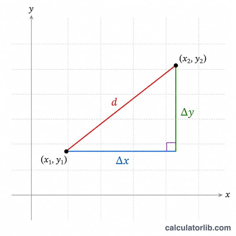 Right triangle formed by horizontal and vertical legs between two points showing the Pythagorean relationship