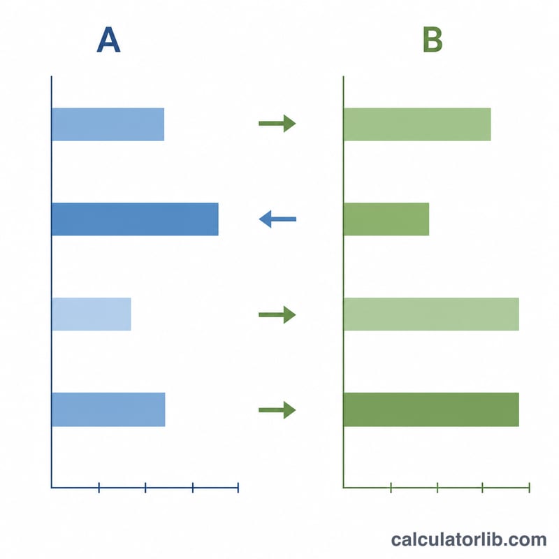 Two side-by-side panels comparing four ratio values between scenario A and B