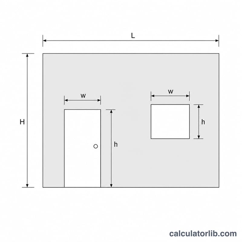 Worked example wall with measured door and window dimensions for area subtraction