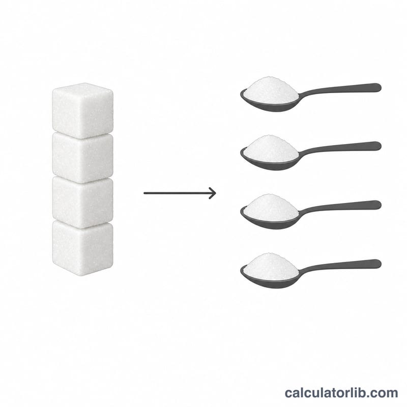 Conversión de gramos de azúcar en cucharaditas mostrada como cubos de azúcar y cucharas apilados