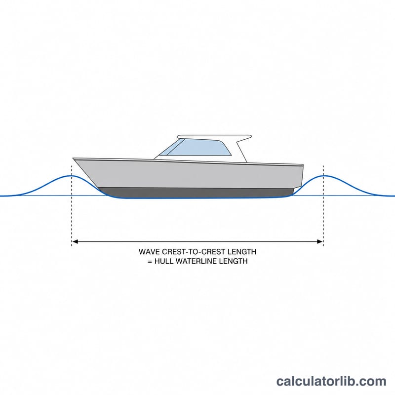 Diagrama del casco de un barco que genera una ola de proa cuya longitud coincide con la del casco a la velocidad del casco