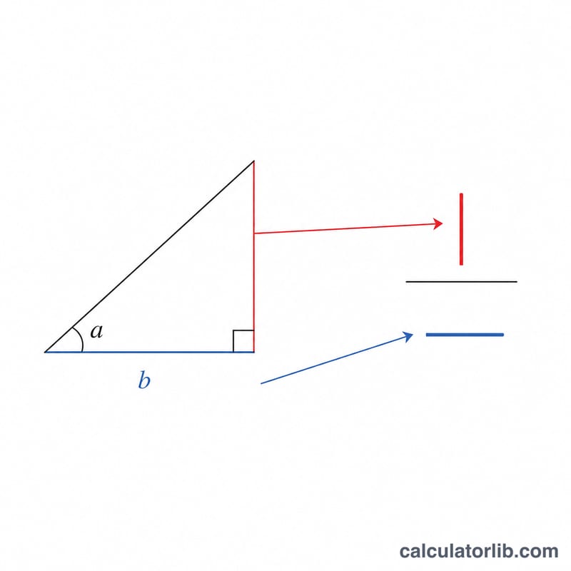 Tangent ratio formula shown as opposite over adjacent with arrows pointing to the triangle sides