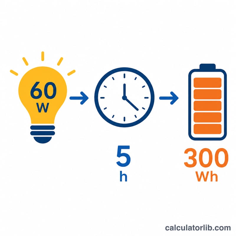 Worked example of a 60 watt bulb running 5 hours to find watt-hours