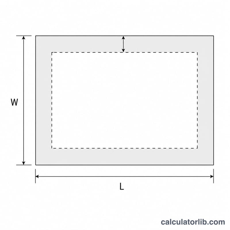 Top-down rectangle of a tablecloth with an inner dashed rectangle marking the table footprint and a uniform overhang border