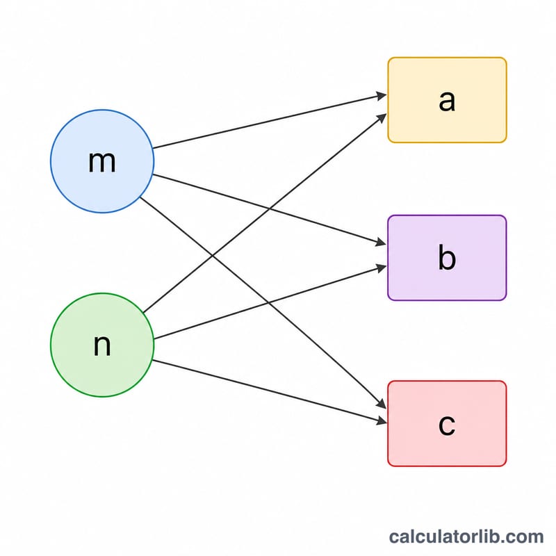 Sơ đồ thể hiện đầu vào m và n ánh xạ thành a, b, c qua công thức Euclid