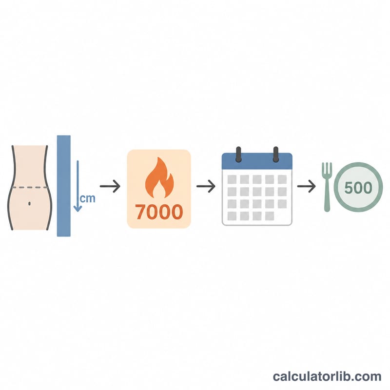 ウエストの変化、1cmあたり7000kcal、月数の関係を一日の摂取カロリー不足に換算して示す図